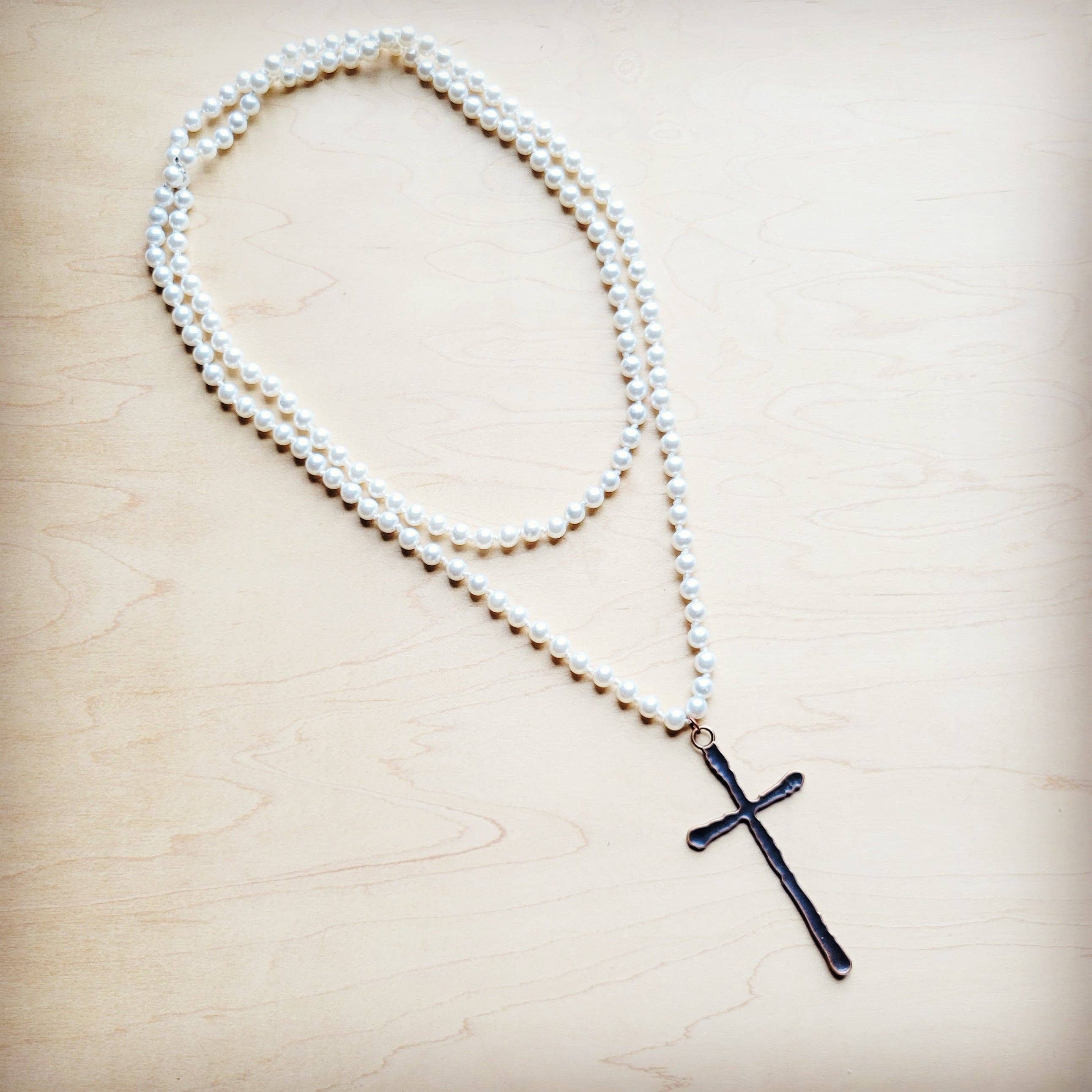 Extra Long Pearl Beaded Necklace w/ Copper Cross